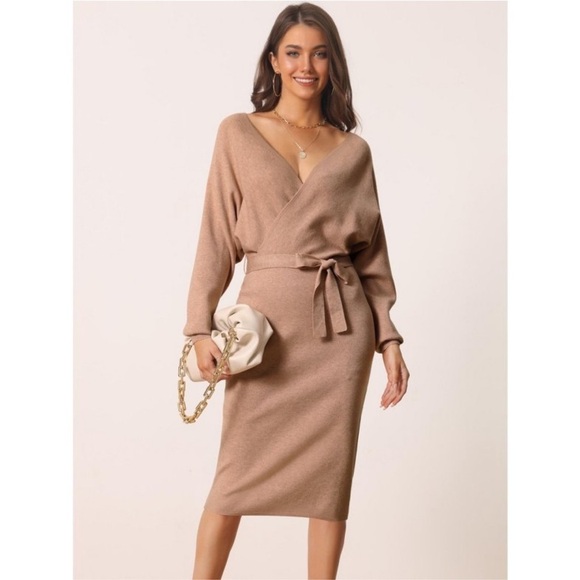 Seta T Deep V Neck Wrap Batwing Sleeve Belted Bodycon Midi
Sweater Dress Khaki - Picture 2 of 8